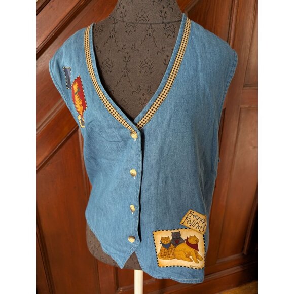 Haiks Womens Denim Vest Friendly Felines Cat Patches Button-Front Cotton Size 2X - Picture 1 of 8